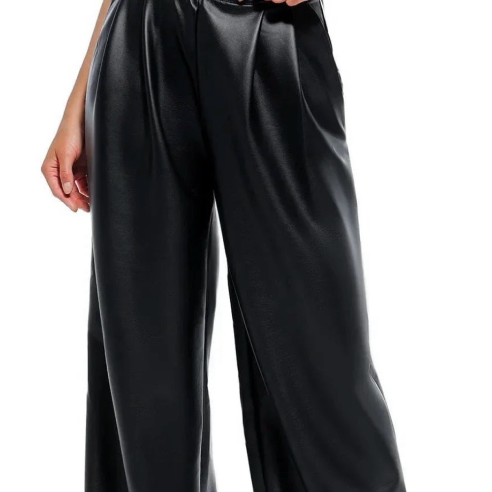 Black Faux Leather Wide Leg Pants High Waist Vegan Leather Trendy Size XL